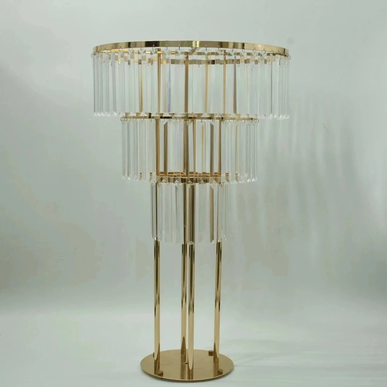 Tall Gold Crystal Chandelier Centerpiece | 3-Tier Floral Stand for Glamorous Wedding & Event Decor
