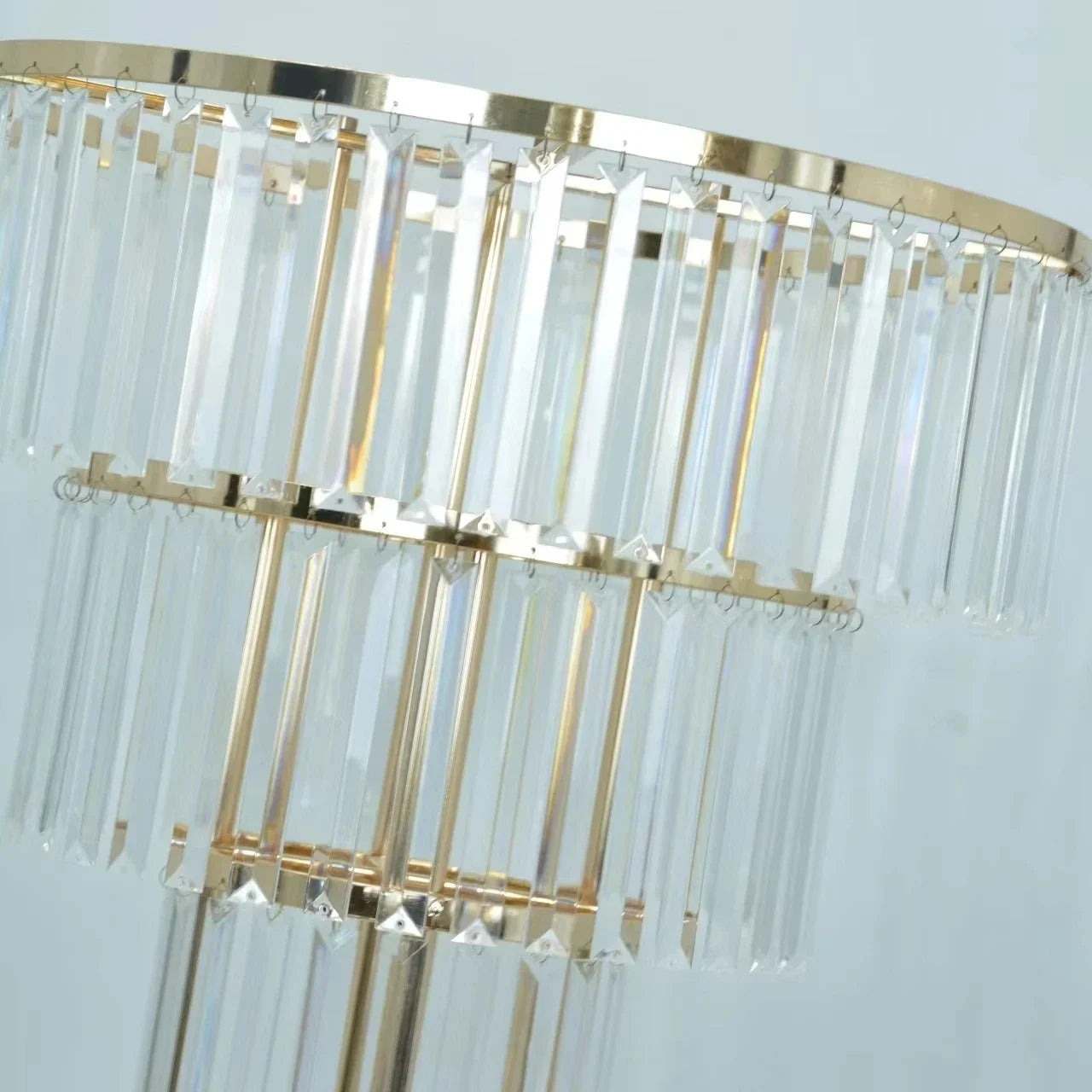 Tall Gold Crystal Chandelier Centerpiece | 3-Tier Floral Stand for Glamorous Wedding & Event Decor