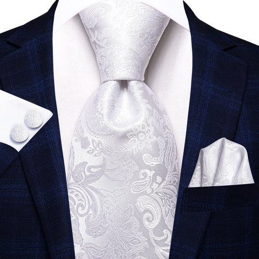 Elegant White Paisley Silk Wedding Tie Set | For Groom & Groomsmen