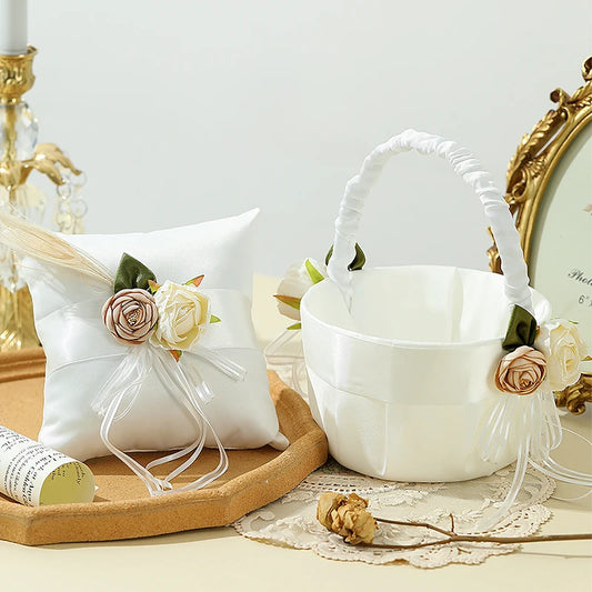 Elegant Flower Girl Basket &amp; Ring Bearer Pillow Set