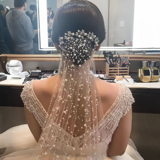 Cascading Pearl Drape Veil | Fingertip Length Bridal Veil