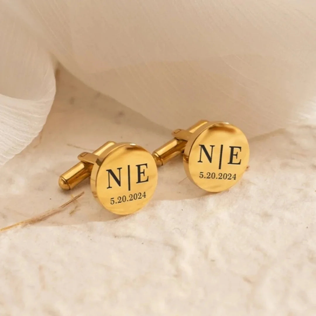 Personalized Round Wedding Cufflinks | Custom Initial & Date Gift for Groom, Groomsmen