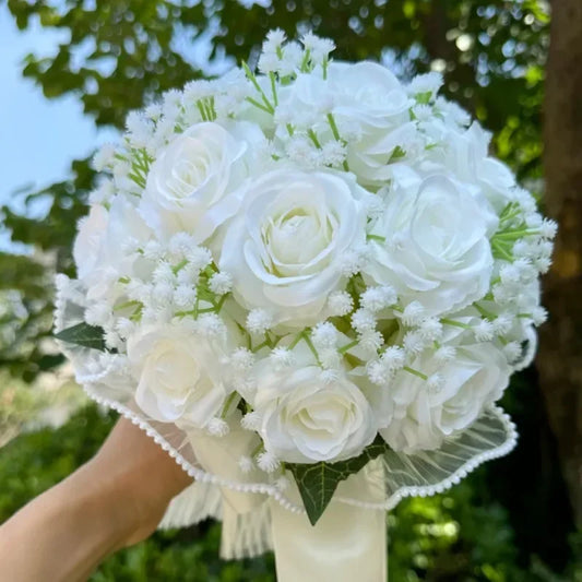 Classic Pearl & Lace Rose Bridal Bouquet