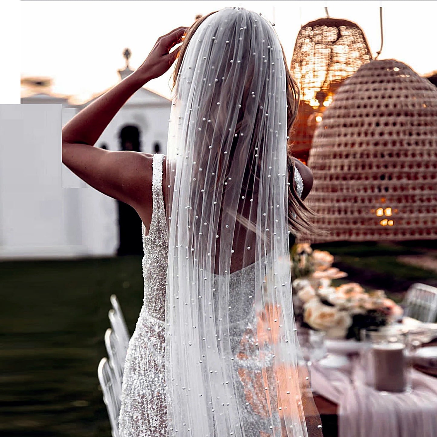 Ethereal Pearl Wedding Veil | Scattered Pearl Bridal Veil in Fingertip, Chapel & Cathedral Lengths