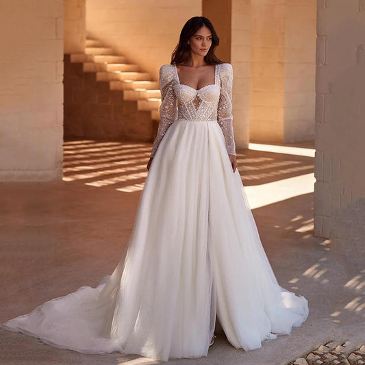 Glamorous Long Sleeve Wedding Dress | Sequin Bodice & High Slit Bridal Gown