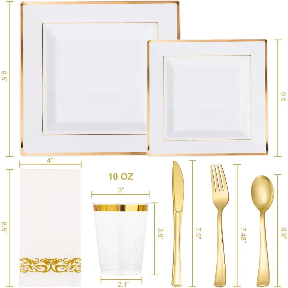 Chic Modern Gold & White Dinnerware | Complete 50-Guest Set for Wedding Receptions