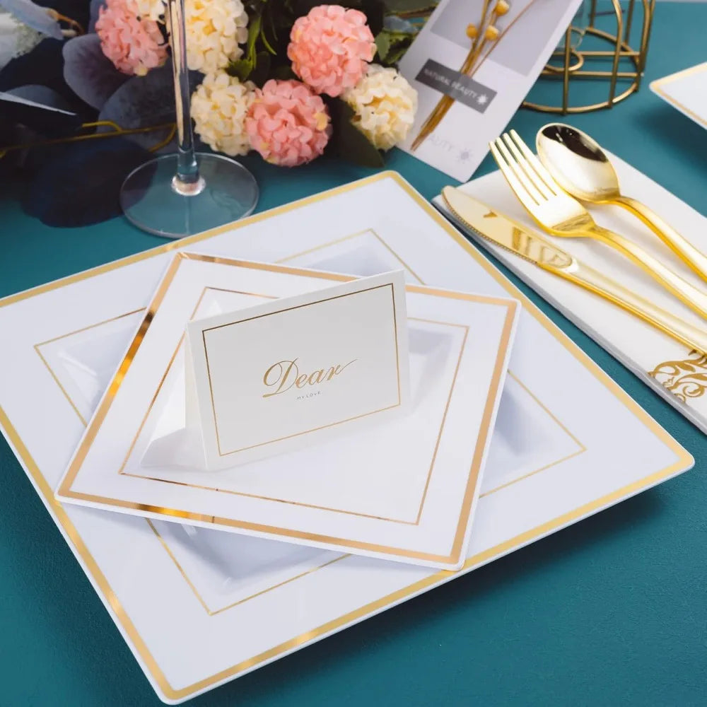 Chic Modern Gold & White Dinnerware | Complete 50-Guest Set for Wedding Receptions