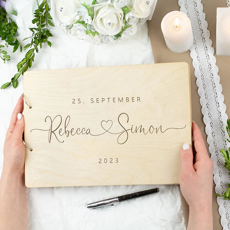 Personalized Wooden Wedding Guest Book | Rustic Photo Album & Keepsake | Custom Engraved Guestbook for Wedding, Anniversary, Bridal Shower