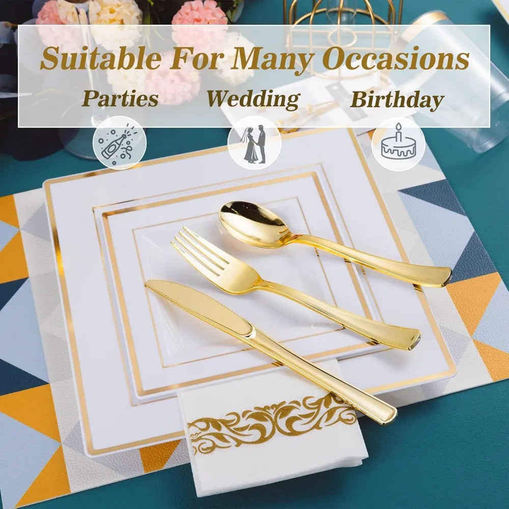 Chic Modern Gold & White Dinnerware | Complete 50-Guest Set for Wedding Receptions