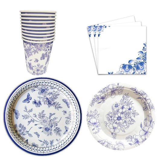 Blue & White Porcelain Partyware | Floral Disposable Plates, Napkins & Cups for Bridal Shower & Tea Party