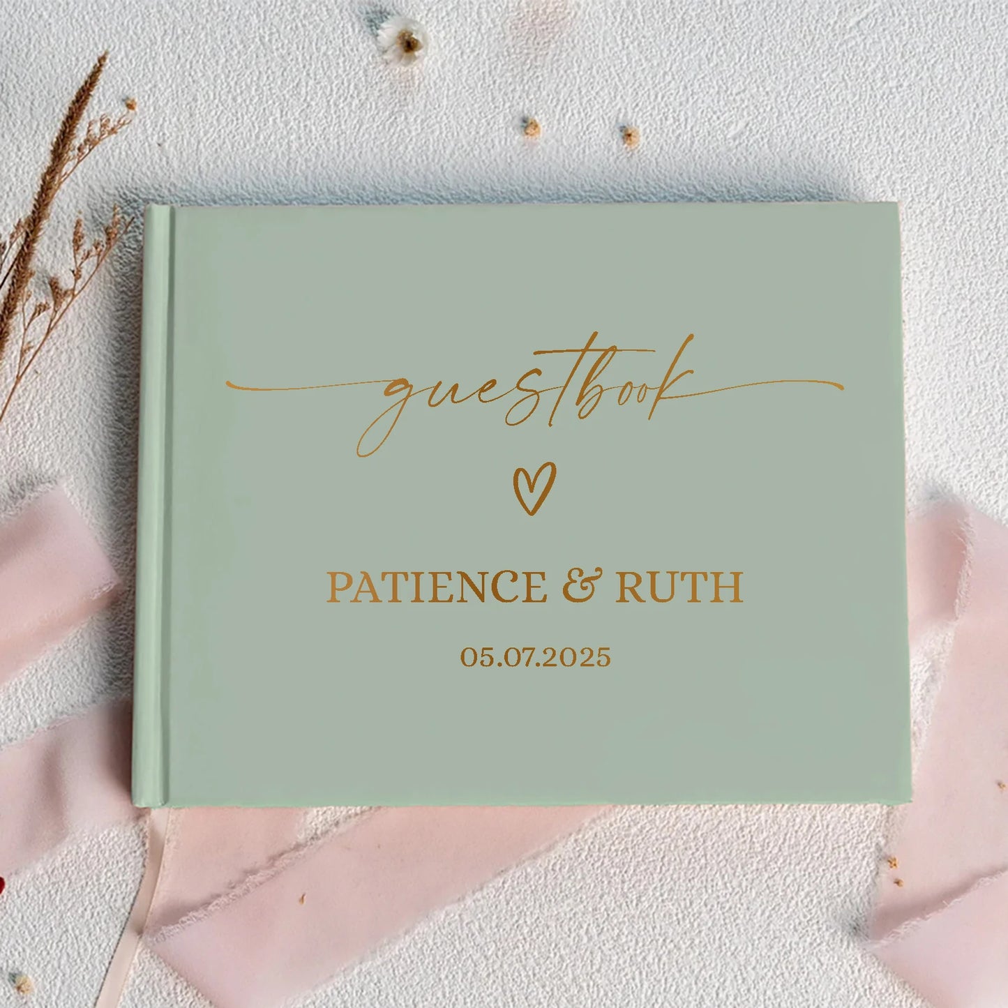 Personalized Sage Green Wedding Guest Book | Custom Gold Foil Signing Book for Weddings, Bridal Showers & Anniversaries