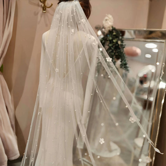 Pearl & 3D Floral Appliqué Wedding Veil
