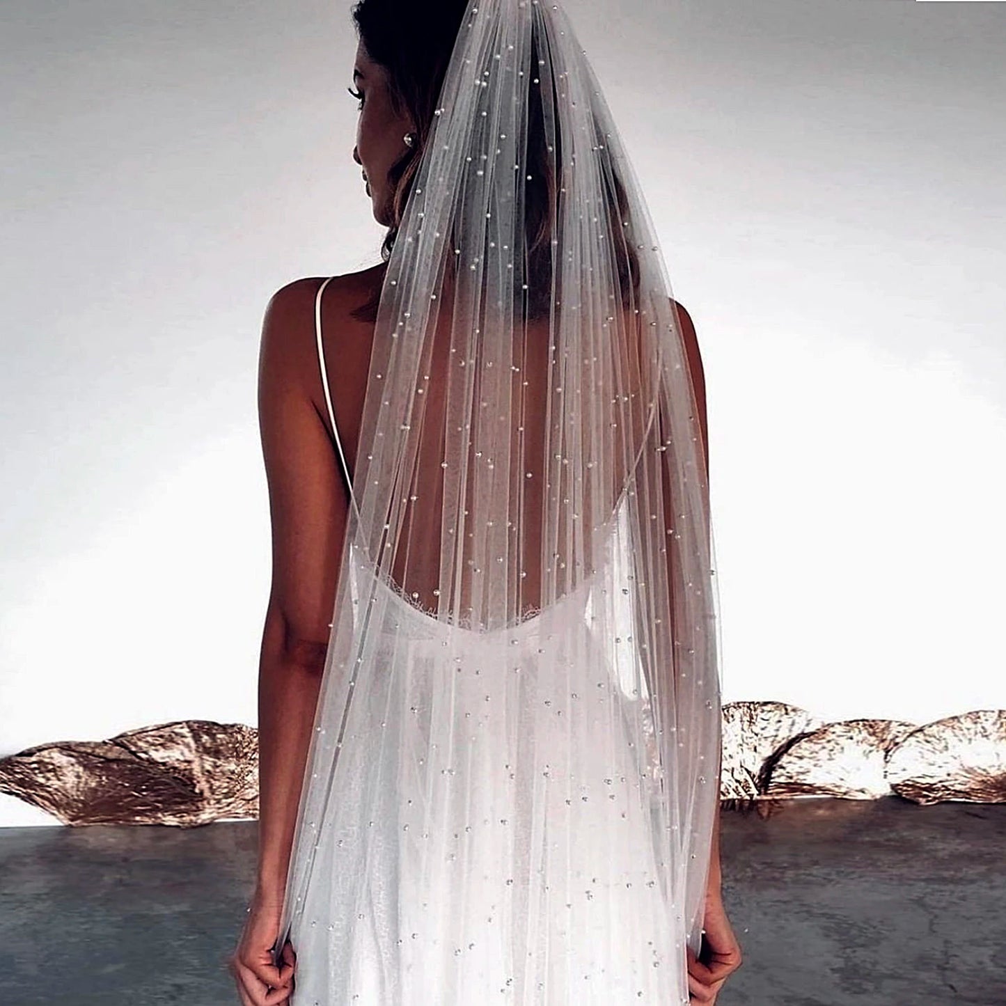 Ethereal Pearl Wedding Veil | Scattered Pearl Bridal Veil in Fingertip, Chapel & Cathedral Lengths