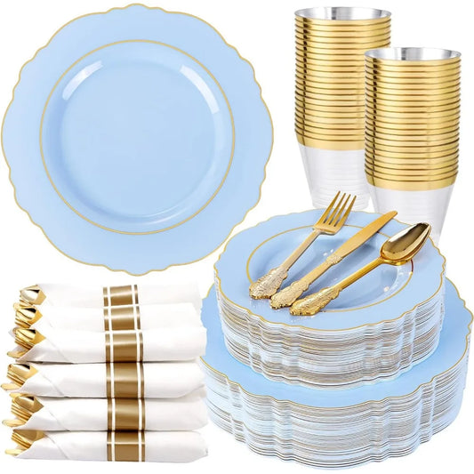 'Something Blue' Wedding Dinnerware | Gold Scalloped Plates & Cutlery Set for 50