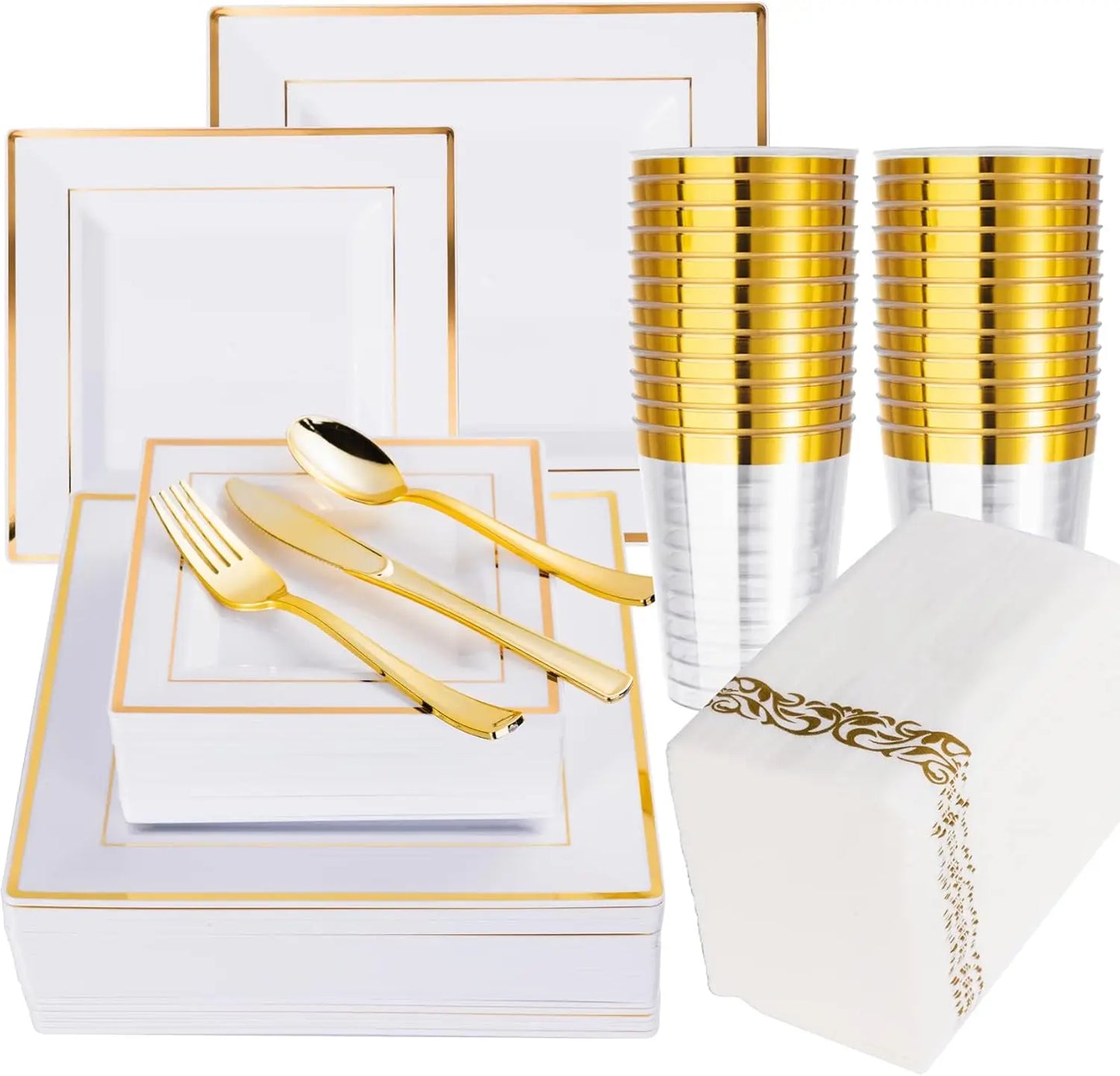 Chic Modern Gold & White Dinnerware | Complete 50-Guest Set for Wedding Receptions