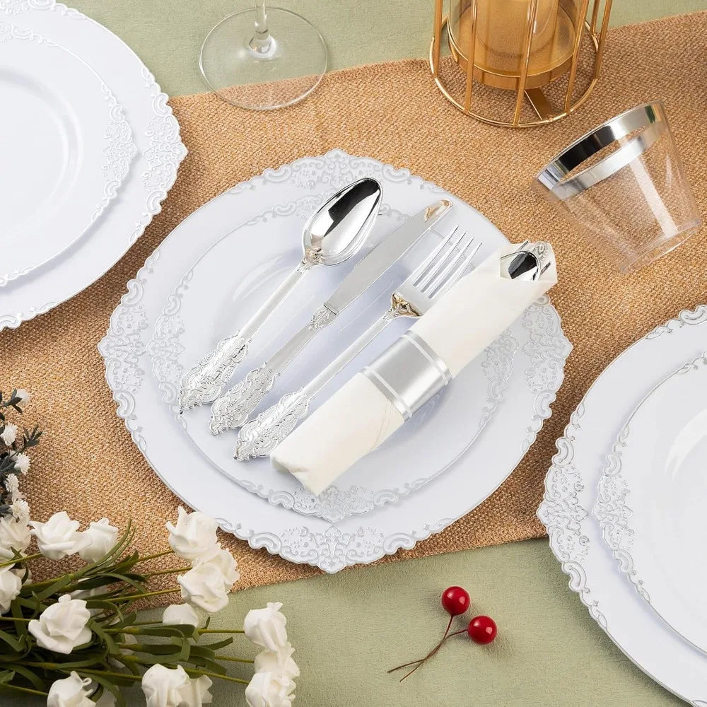 Vintage Silver Lace Wedding Dinnerware | Complete 50-Guest Set for Elegant Receptions