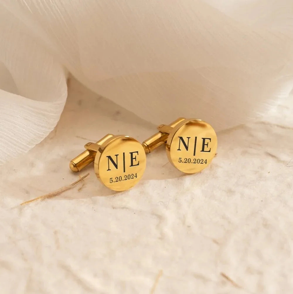 Personalized Round Wedding Cufflinks | Custom Initial & Date Gift for Groom, Groomsmen