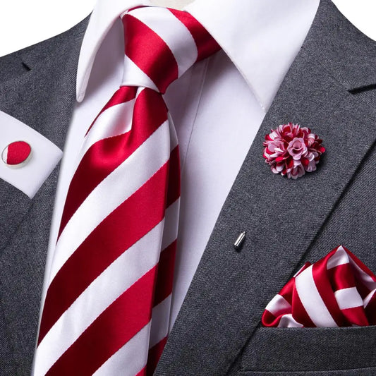 Classic Red & White Striped Silk Tie Set | For Groom & Groomsmen