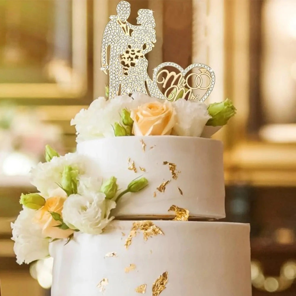 Mr & Mrs" Wedding Cake Topper | Rhinestone Bride & Groom Topper
