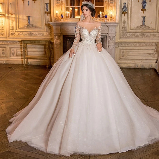 Regal Princess Ball Gown | Long Sleeve Wedding Dress with Beaded Bodice
