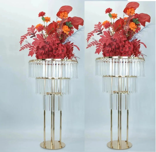 Tall Gold Crystal Chandelier Centerpiece | 3-Tier Floral Stand for Glamorous Wedding & Event Decor