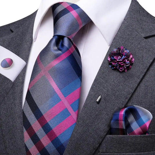 Modern Plaid Silk Tie Set | Blue & Pink