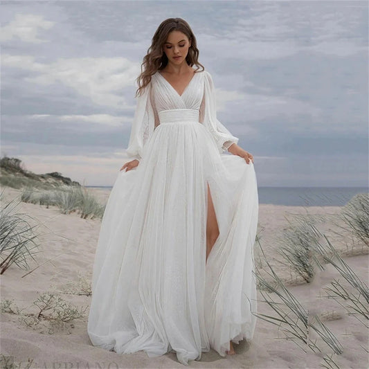 The "Aella" Gown: Ethereal Long-Sleeve Boho Wedding Dress with Slit