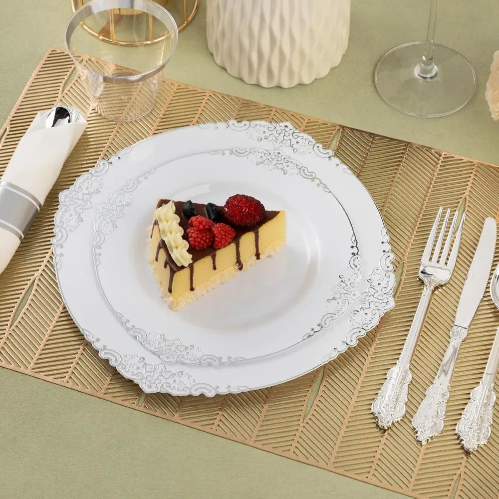 Vintage Silver Lace Wedding Dinnerware | Complete 50-Guest Set for Elegant Receptions