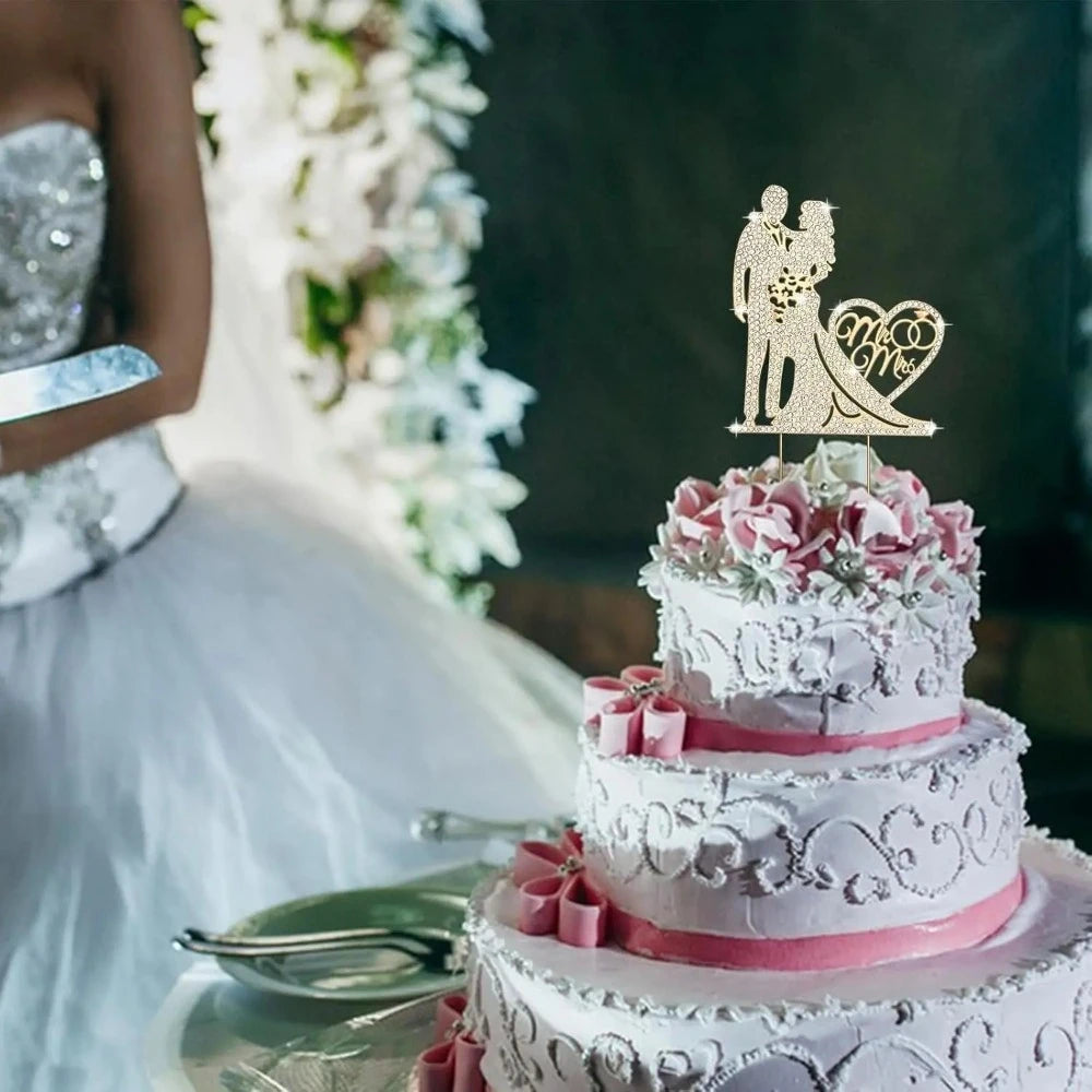 Mr & Mrs" Wedding Cake Topper | Rhinestone Bride & Groom Topper
