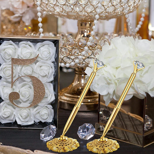 Gold Diamond Guest Book Pen & Holder | Elegant Wedding Signing Pen | Bridal Shower & Bachelorette Gift