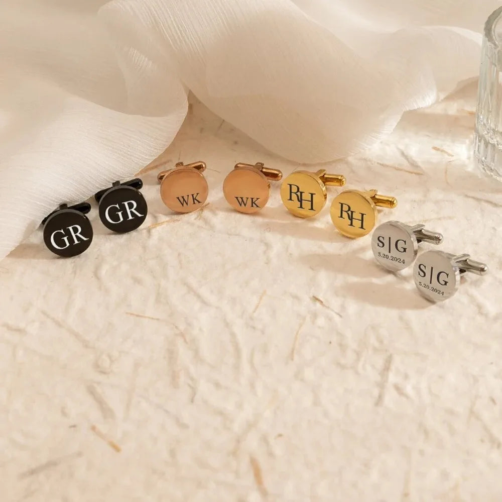 Personalized Round Wedding Cufflinks | Custom Initial & Date Gift for Groom, Groomsmen