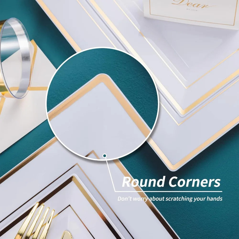 Chic Modern Gold & White Dinnerware | Complete 50-Guest Set for Wedding Receptions