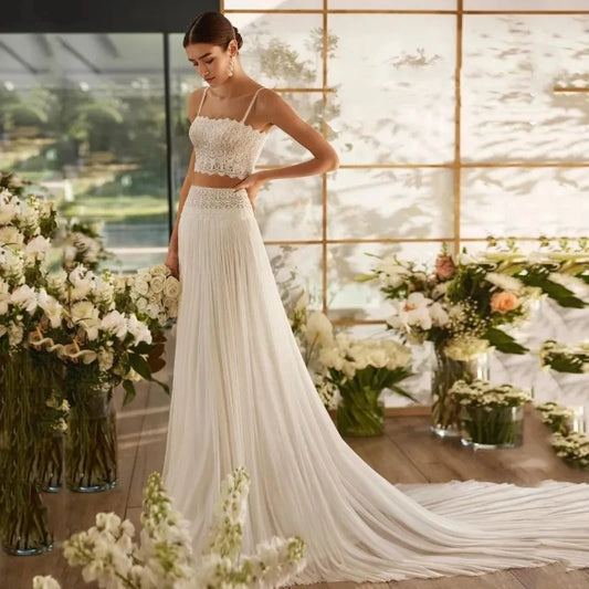 Bohemian Two-Piece Wedding Dress | Lace Crop Top & Flowing Tulle Skirt Bridal Gown