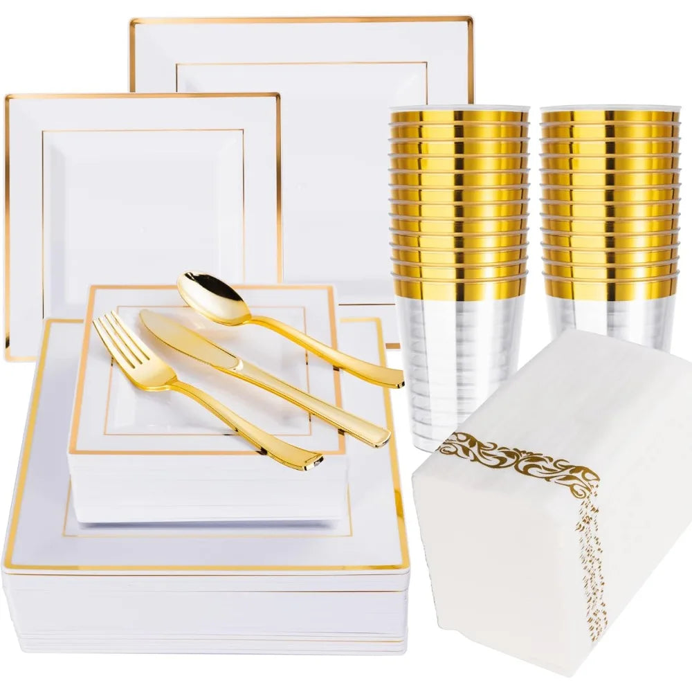 Chic Modern Gold & White Dinnerware | Complete 50-Guest Set for Wedding Receptions