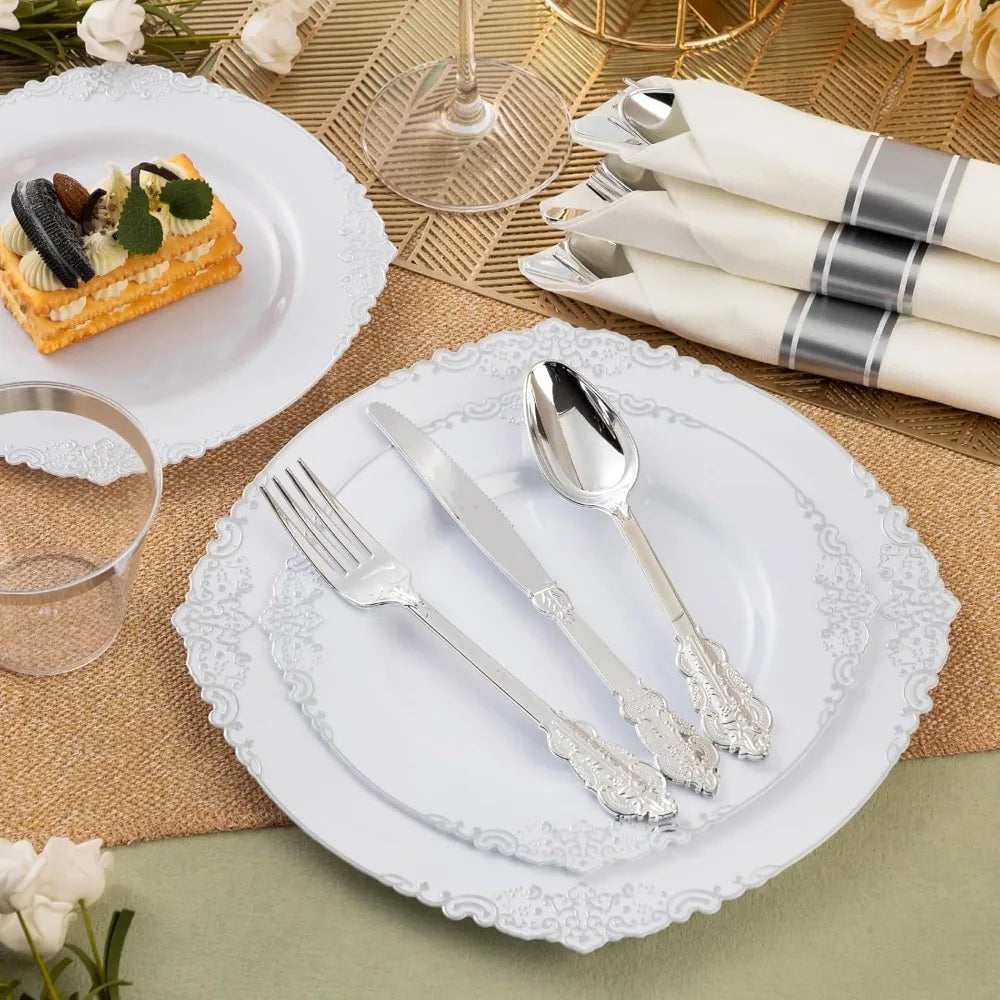 Vintage Silver Lace Wedding Dinnerware | Complete 50-Guest Set for Elegant Receptions