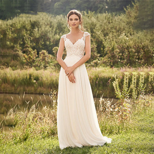 Romantic Lace & Chiffon Wedding Dress | A-Line Bridal Gown with Cap Sleeves