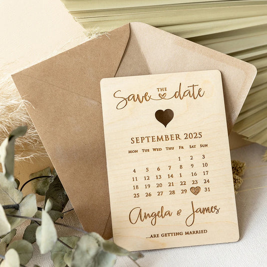 Personalized Calendar Save the Date | Wood & Acrylic Wedding Invitation with Heart | Custom Engraved Wedding Announcement