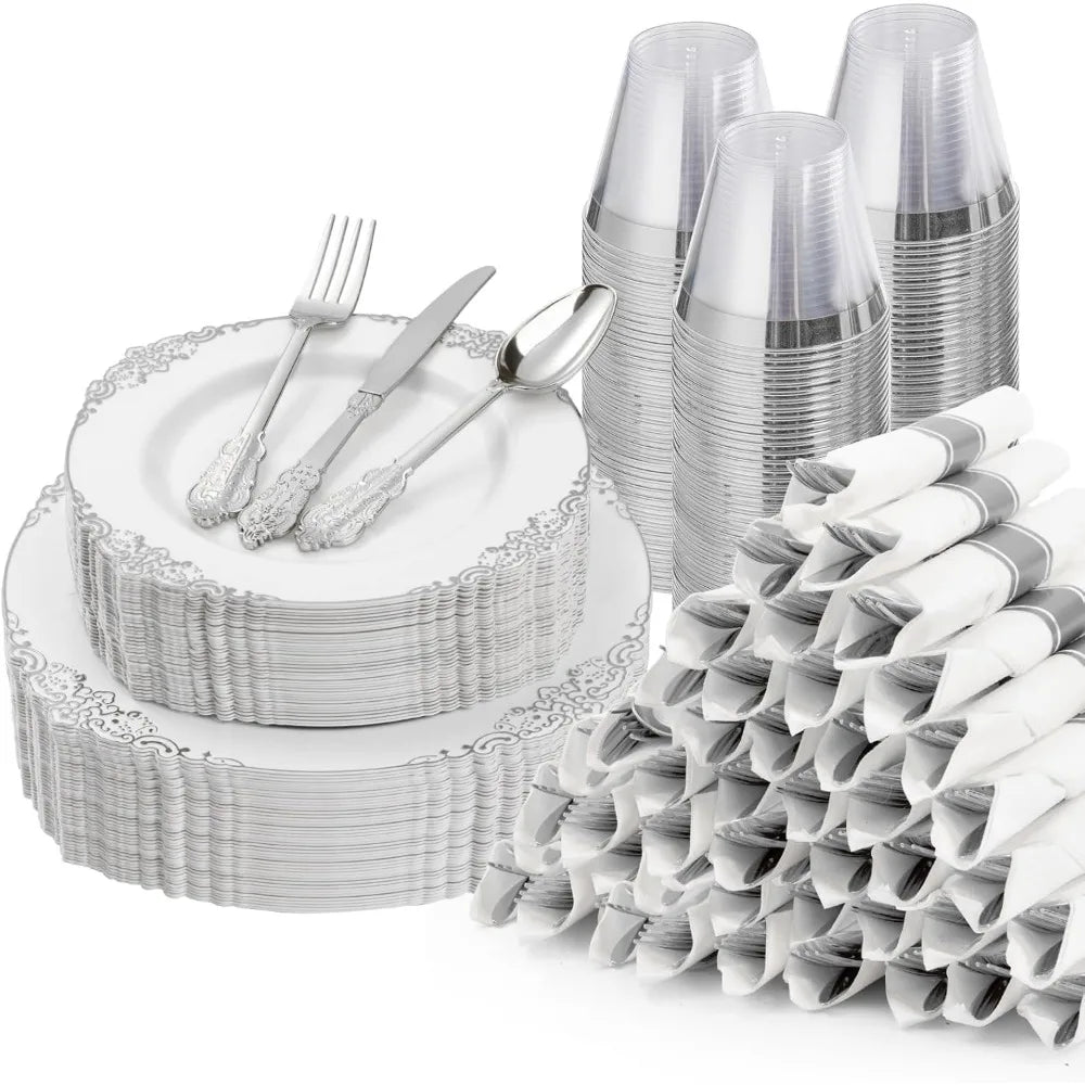 Vintage Silver Lace Wedding Dinnerware | Complete 50-Guest Set for Elegant Receptions
