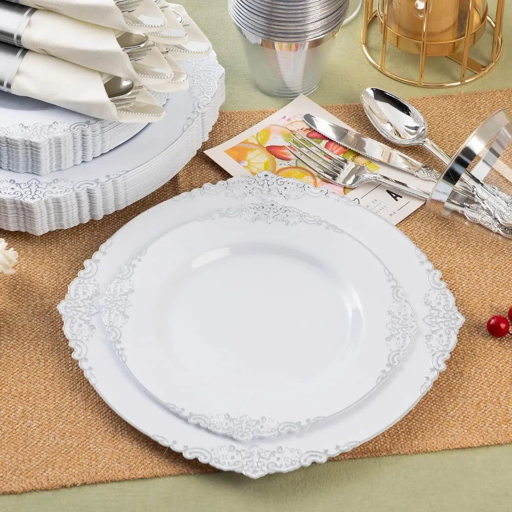 Vintage Silver Lace Wedding Dinnerware | Complete 50-Guest Set for Elegant Receptions