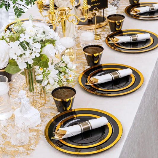 Glamorous Black & Gold Wedding Dinnerware | Complete Reception Set